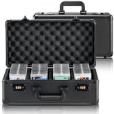 Black aluminum storage case with lock, foam interior, and four slots holding graded card holders.