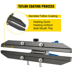 16-inch stainless steel handheld heat sealer with Teflon-coated serrated jaws and blue handle.