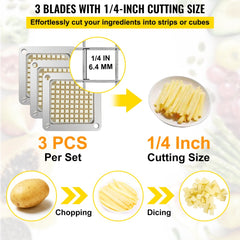 Three stainless steel blades for a 1/4-inch French fry chopper, designed for easy replacement.
