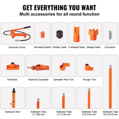 Hydraulic auto body frame repair tool kit with pump, ram, extensions, and carrying case.