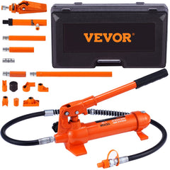 Hydraulic auto body frame repair tool kit with pump, ram, extensions, and carrying case.