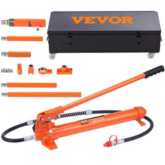 Bostome 20 Ton Porta Power Kit with orange hydraulic pump, jack, hoses, and accessories in a black wheeled case.