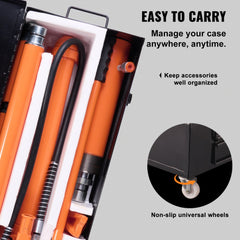 Black wheeled case containing orange hydraulic pump, ram, hoses, and accessories for 20-ton portable jack kit.