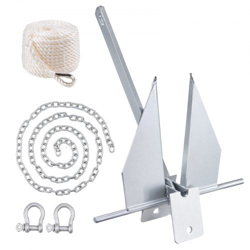 Galvanized fluke anchor kit with 8.5 lbs anchor, chain, rope, and shackles.