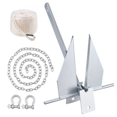 Galvanized fluke anchor kit with 8.5 lbs anchor, chain, rope, and shackles.