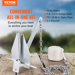 Galvanized fluke anchor kit with 8.5 lbs anchor, chain, nylon rope, and shackles.