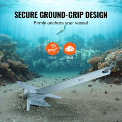 Galvanized fluke anchor kit with chain and rope, shown anchoring in sand and mud underwater.