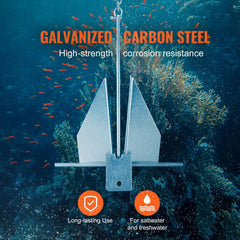 Galvanized carbon steel fluke anchor kit with chain and rope, shown underwater.