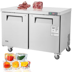 Commercial frozen sandwich and salad prep table with stainless steel surface and adjustable shelves.