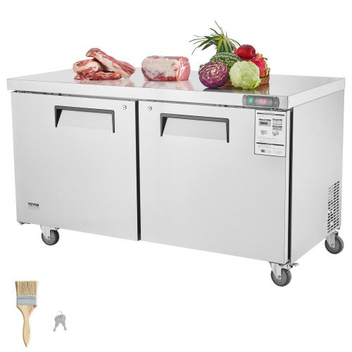 60" stainless steel sandwich salad prep table with raw meats, vegetables on top and dual doors below.