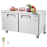 60" stainless steel sandwich salad prep table with raw meats, vegetables on top and dual doors below.