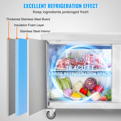 60-inch stainless steel sandwich salad prep table with open door showing 16.4 cu ft interior, insulation layers, and fresh produce.
