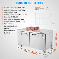 60-inch stainless steel sandwich salad prep table with 16.4 cu ft capacity, digital controls, and casters.