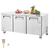 72" stainless steel sandwich prep table with adjustable shelves and LED lighting.