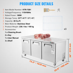 72" stainless steel sandwich prep table with adjustable shelves and LED lighting.
