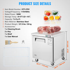 Stainless steel 28" frozen sandwich and salad prep table with adjustable shelves and digital control.