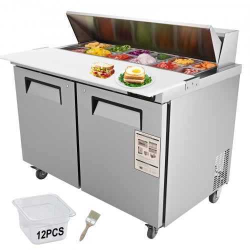 Stainless steel sandwich prep table with a 12.85 cu. ft. fridge and detachable chopping board.
