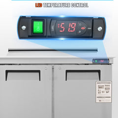 Stainless steel sandwich prep table with 12.85 cu. ft. fridge and detachable chopping board.