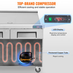 Stainless steel 48" sandwich salad prep table with two doors and removable cutting board.