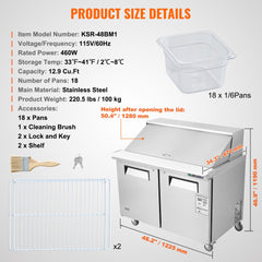 Stainless steel 48" sandwich salad prep table with two doors and removable cutting board.