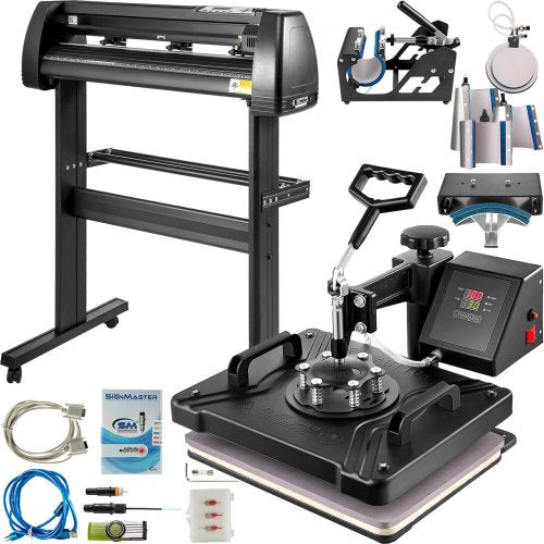 Bostome 8-in-1 12x15 heat press and 28-inch vinyl cutter kit with stand and accessories.