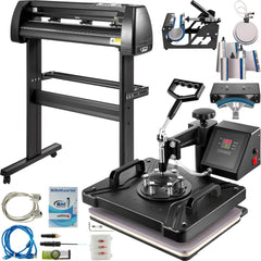 Bostome 8-in-1 12x15 heat press and 28-inch vinyl cutter kit with accessories.