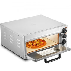 Stainless steel countertop pizza oven with a 16-inch stone and dual heating tubes for even baking.