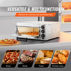 Stainless steel countertop pizza oven with a 16-inch stone and dual heating tubes for even baking.