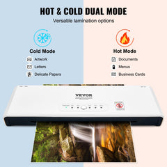 White Bostome 13-inch 4-roller hot and cold laminator with dual mode icons for artwork, letters, documents, menus, and business cards.