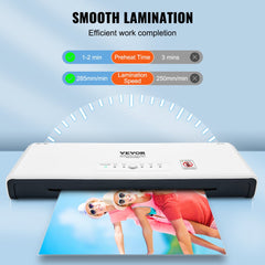 White Bostome 13-inch 4-roller hot and cold laminator on a surface with a laminated photo.