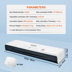 White Bostome 13-inch 4-roller hot and cold laminator with adjustable thickness dial, 3 mil films, and specs.