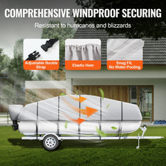 Grey 800D marine grade pontoon boat cover for 19-20ft boats with adjustable straps and buckles.