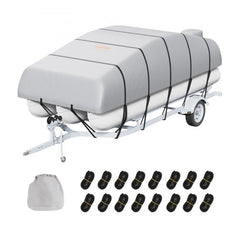 Grey waterproof 800D cover for 23-24 ft pontoon boat with straps and storage bag.