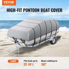 Gray waterproof 800D pontoon boat cover fitted over a 23-24 ft boat on a trailer by the beach.