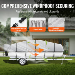 Grey waterproof 800D cover fitted over a 23-24 ft pontoon boat with adjustable straps and elastic hem.