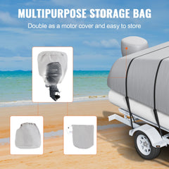 Grey waterproof 800D cover for 23-24 ft pontoon boats with storage bag.
