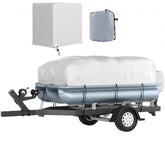 Gray 600D Oxford fabric cover for 17-20 ft pontoon boat on trailer, with storage bag.