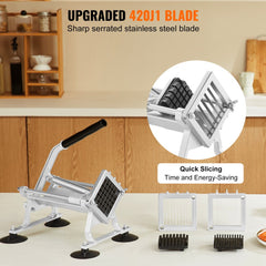 Stainless steel manual vegetable slicer with adjustable blades for uniform cuts of various sizes.