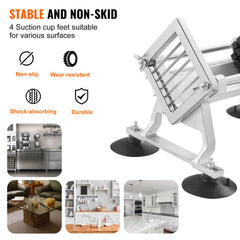 Stainless steel manual vegetable slicer with 1/4", 3/8", and 1/2" serrated blades.
