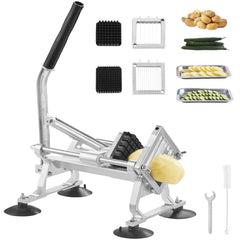 Stainless steel manual vegetable slicer with 1/4", 3/8", and 1/2" serrated blades.