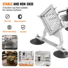 Manual vegetable slicer with stainless steel blades for 1/4-inch uniform cuts.