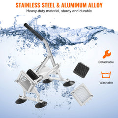 Manual vegetable slicer with stainless steel blades for 1/4-inch uniform cuts and ergonomic handle.