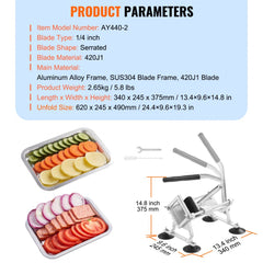 Manual vegetable slicer with stainless steel blades and aluminum frame for stable, uniform cuts.