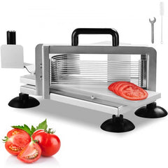 Manual tomato slicer with stainless steel blades for 1/4-inch uniform cuts and sturdy handle.