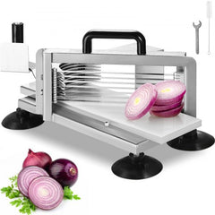 Stainless steel tomato slicer with suction feet, ergonomic handle, and uniform 3/16 inch slices.