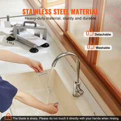 Hand using Bostome stainless steel tomato slicer with water running from faucet over sink.
