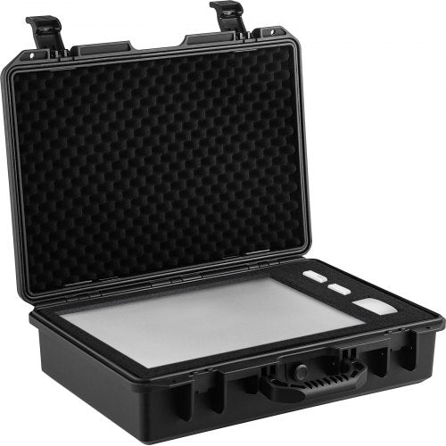 Black 19x14x5 inch waterproof hard case with foam interior and open lid.