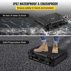 Black 19x14x5 inch polypropylene hard case shown waterproof in water and crushproof under boots.