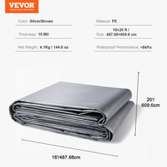 Silver and brown 10 mil waterproof tarp measuring 16x20 feet with reinforced edges.