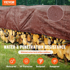Brown 10x12 ft poly tarp with reinforced grommets for waterproof outdoor protection.